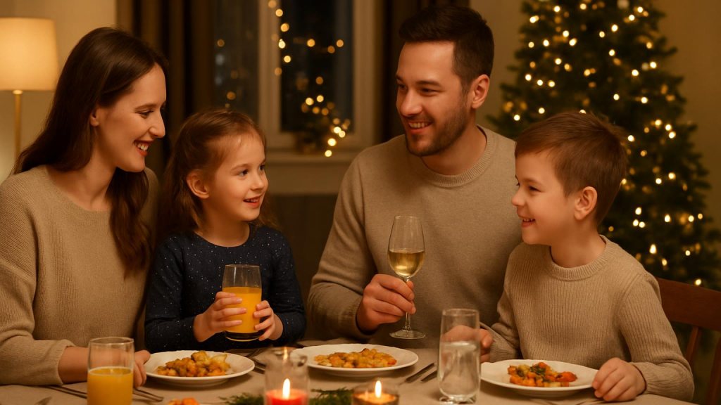 Famiglia con bambini in ambiente accogliente per Capodanno